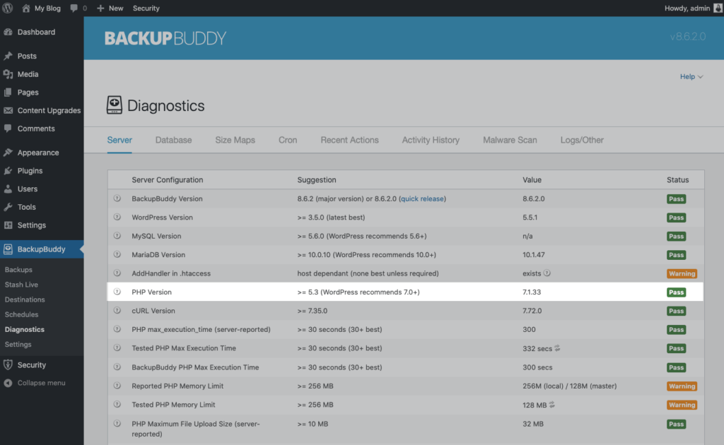 wordpress php version