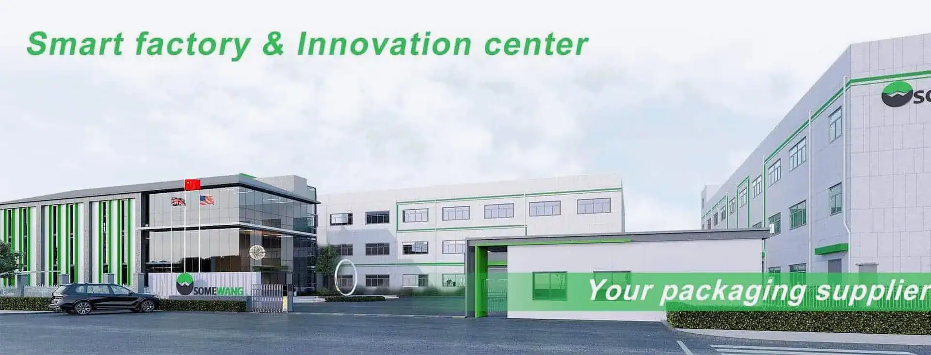 Modern smart factory building with advanced manufacturing technology.