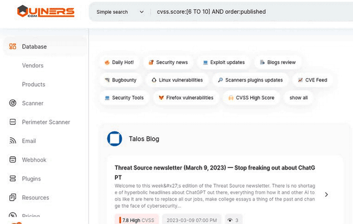 Поиск в базе данных Vulners по баллам CVSS