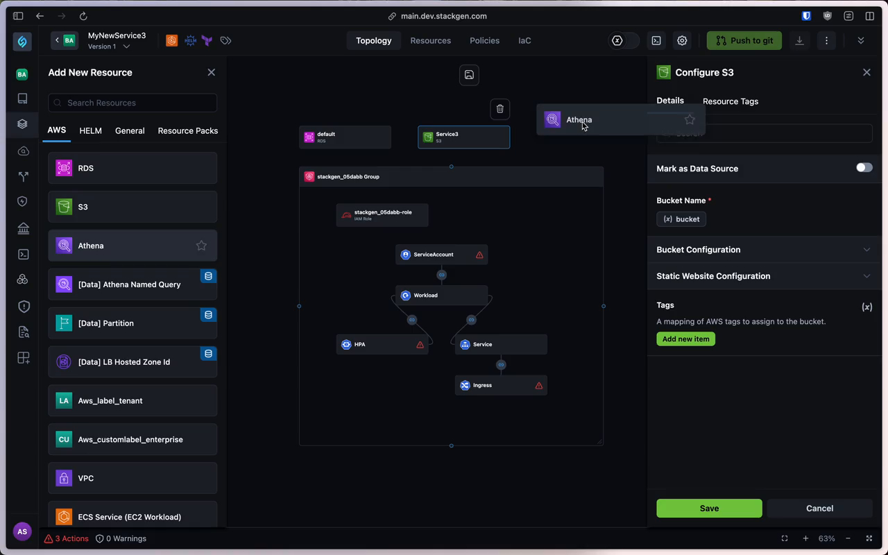 StackGen Backstage integration generating appStack with AWS resources and Infrastructure as Code templates for cloud deployment