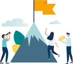 People raising a flag on a mountaintop