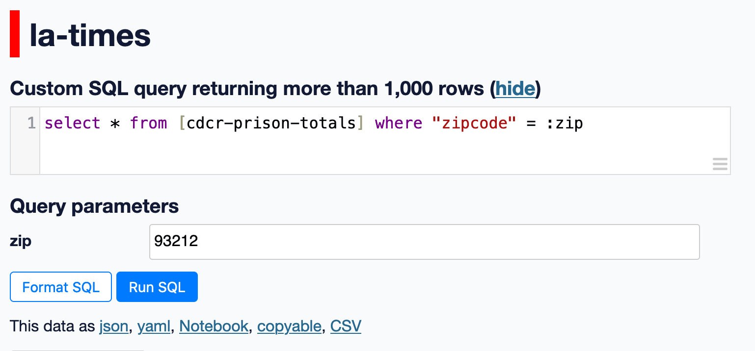 A form showing the SQL query with a separate field for entering the zip