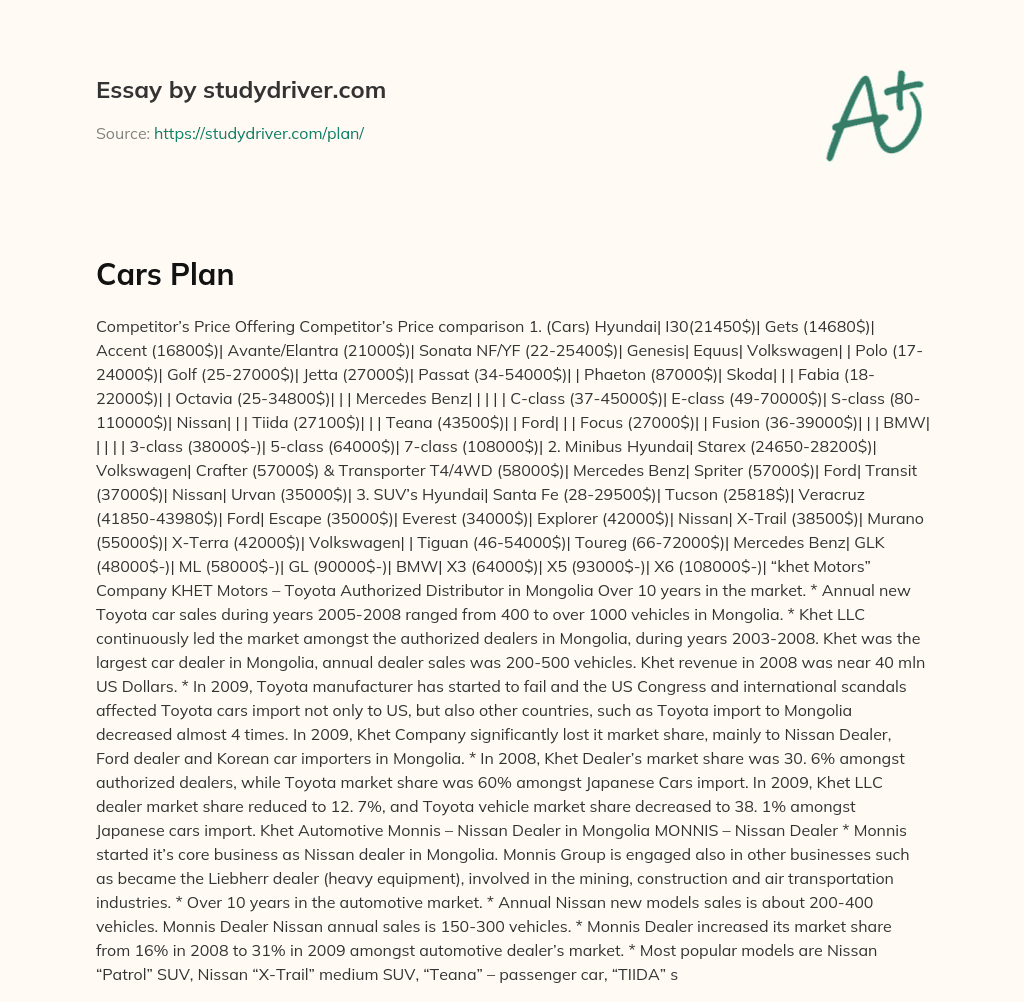 Cars Plan essay