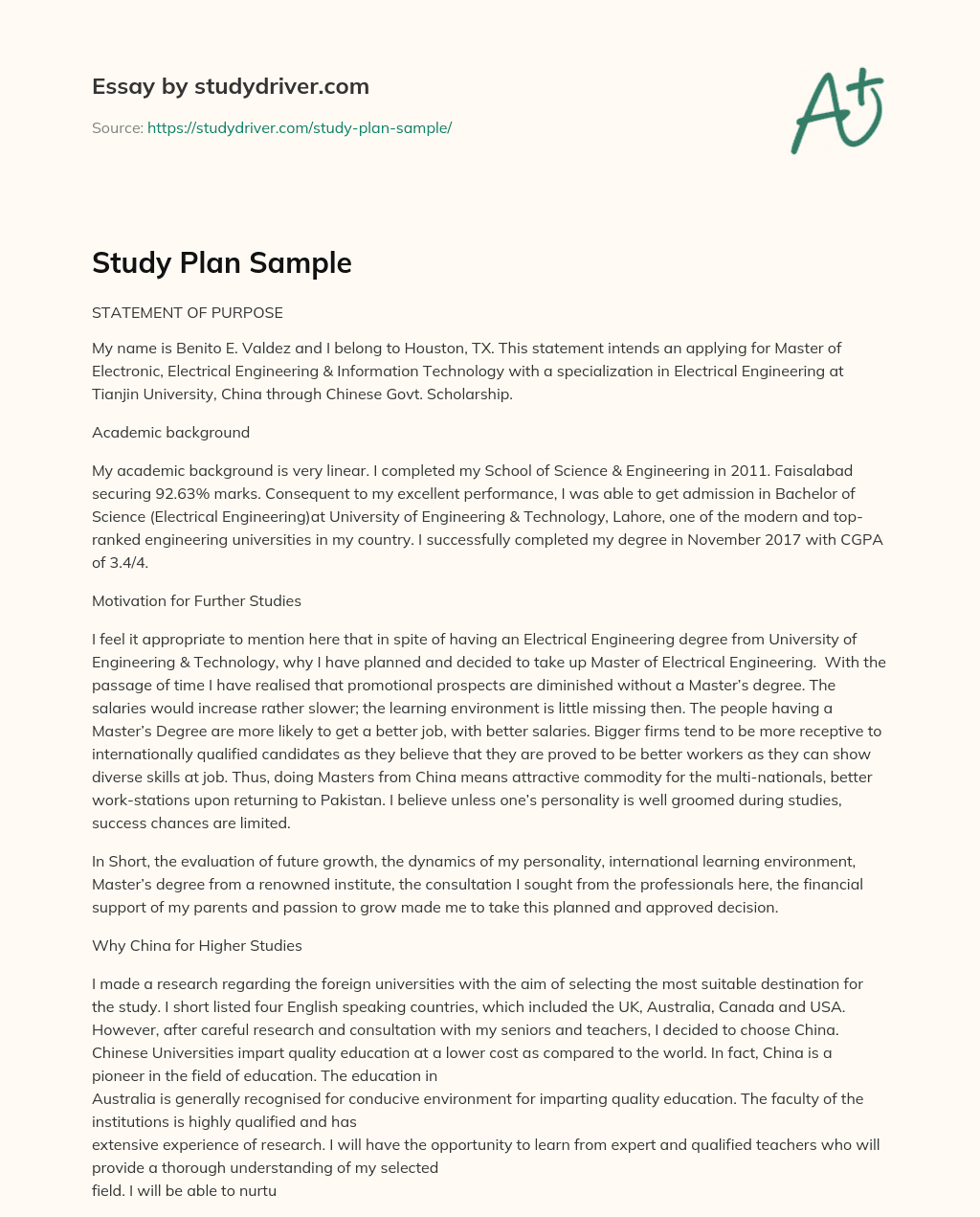 Study Plan Sample essay