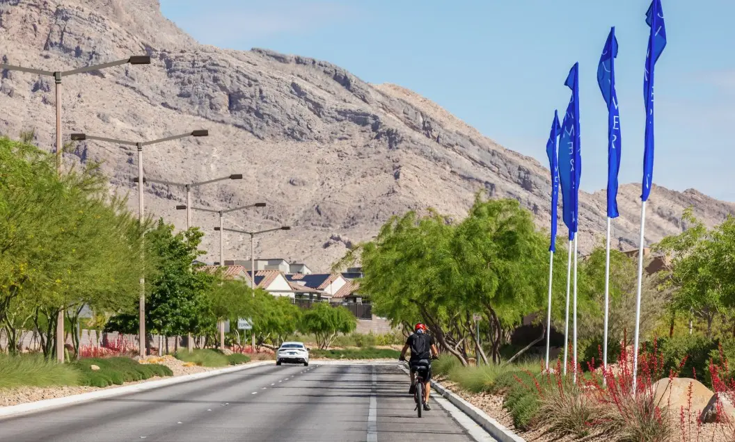Summerlin_Trails-Cycling A cyclist rides down a paved road lined with trees and blue flags on a sunny day, with a white car and rugged mountains visible in the background.