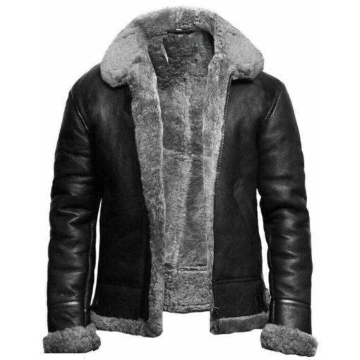 Men's RAF B3 Flying Aviator Black Shearling Leather Bomber Jacket For Sale