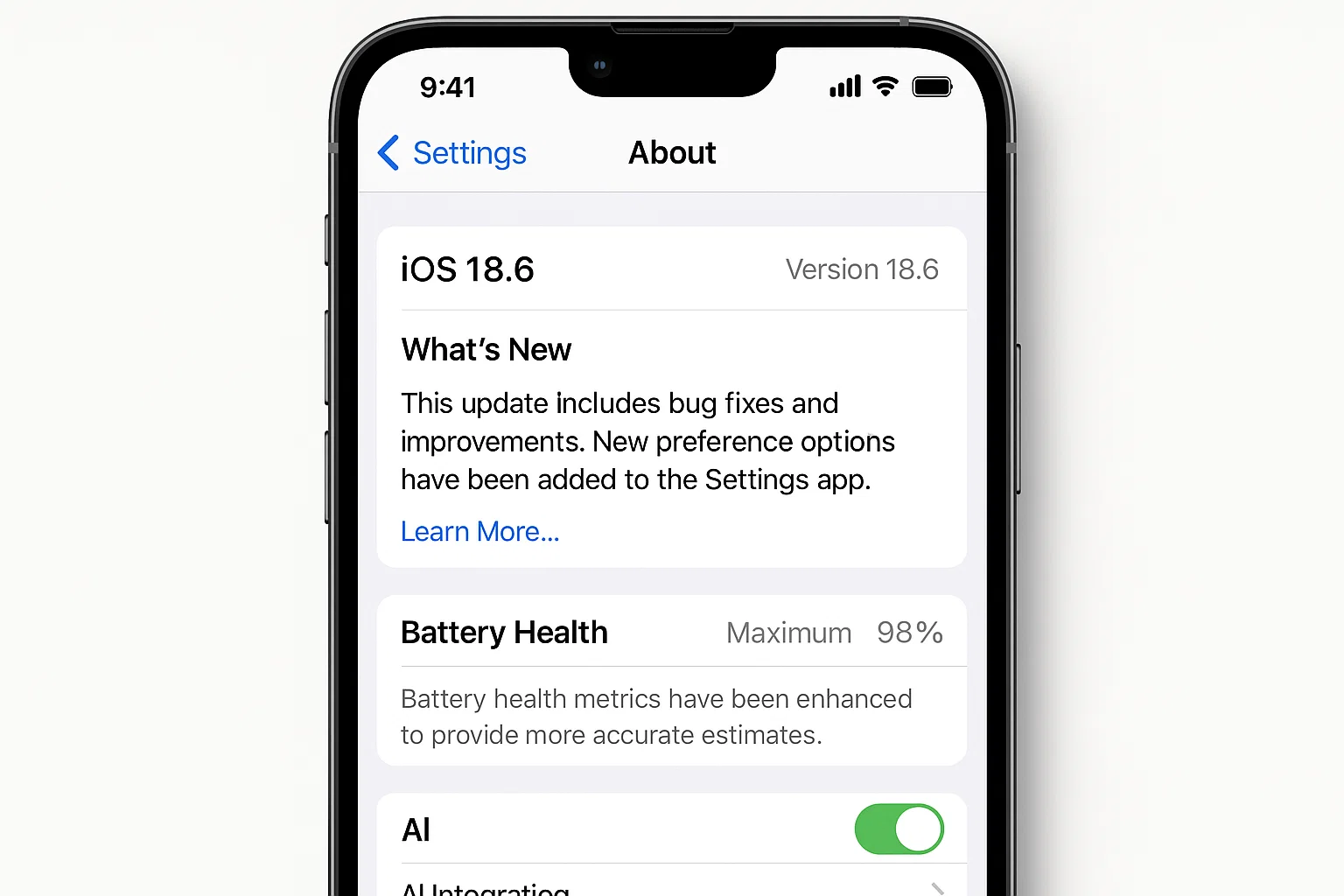 Screenshot showing iOS 18.6 update settings and AI options