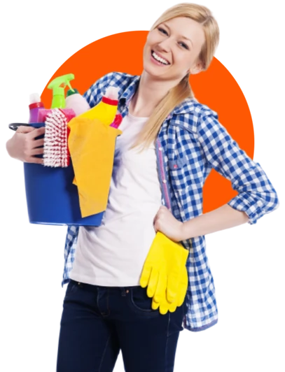 female cleaner holding cleaning equipments and gloves