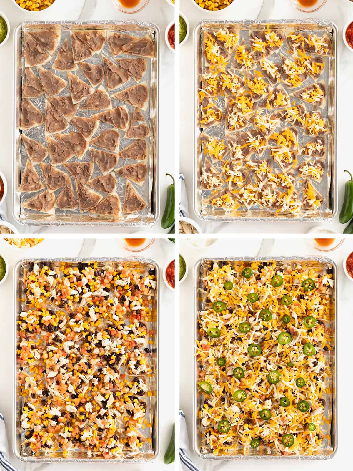 Steps to make sheet pan chicken and black bean nachos.