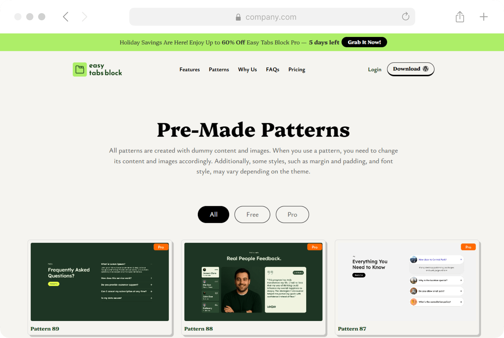 Easy tabs blocks premade patterns