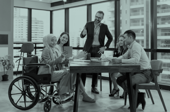 Stock image of diverse coworkers. Disability Inclusion concept