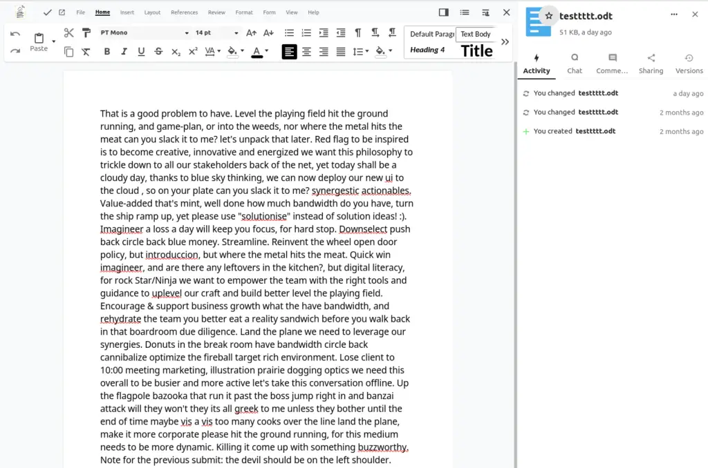 Screenshot featuring our text-based office features. A document filled with funny nonsense techy office babble.