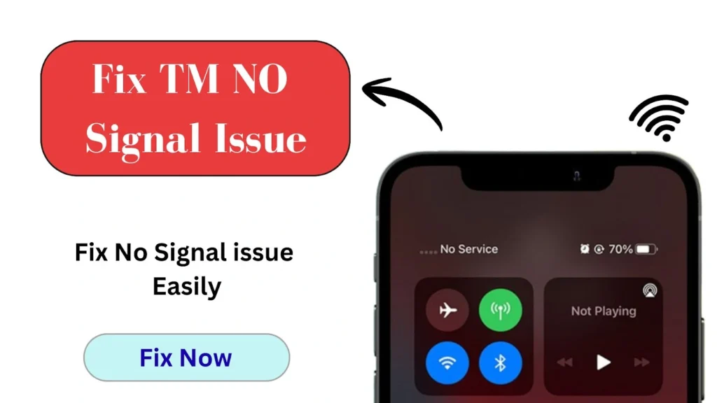 Fix TM Signal Issue - 100% Working Solution 1 Banner showing “Fix TM SIM No Signal Issue” with phone displaying “No Service” and a blue “Fix Now” button.