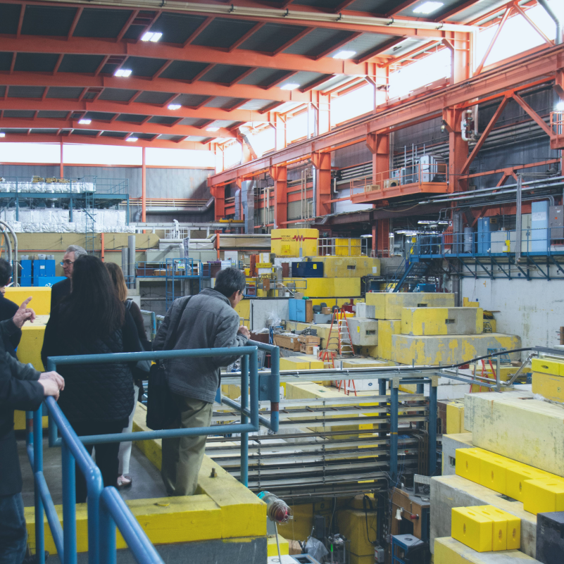 tour at TRIUMF, with person peering over the edge of a railing at experiments below