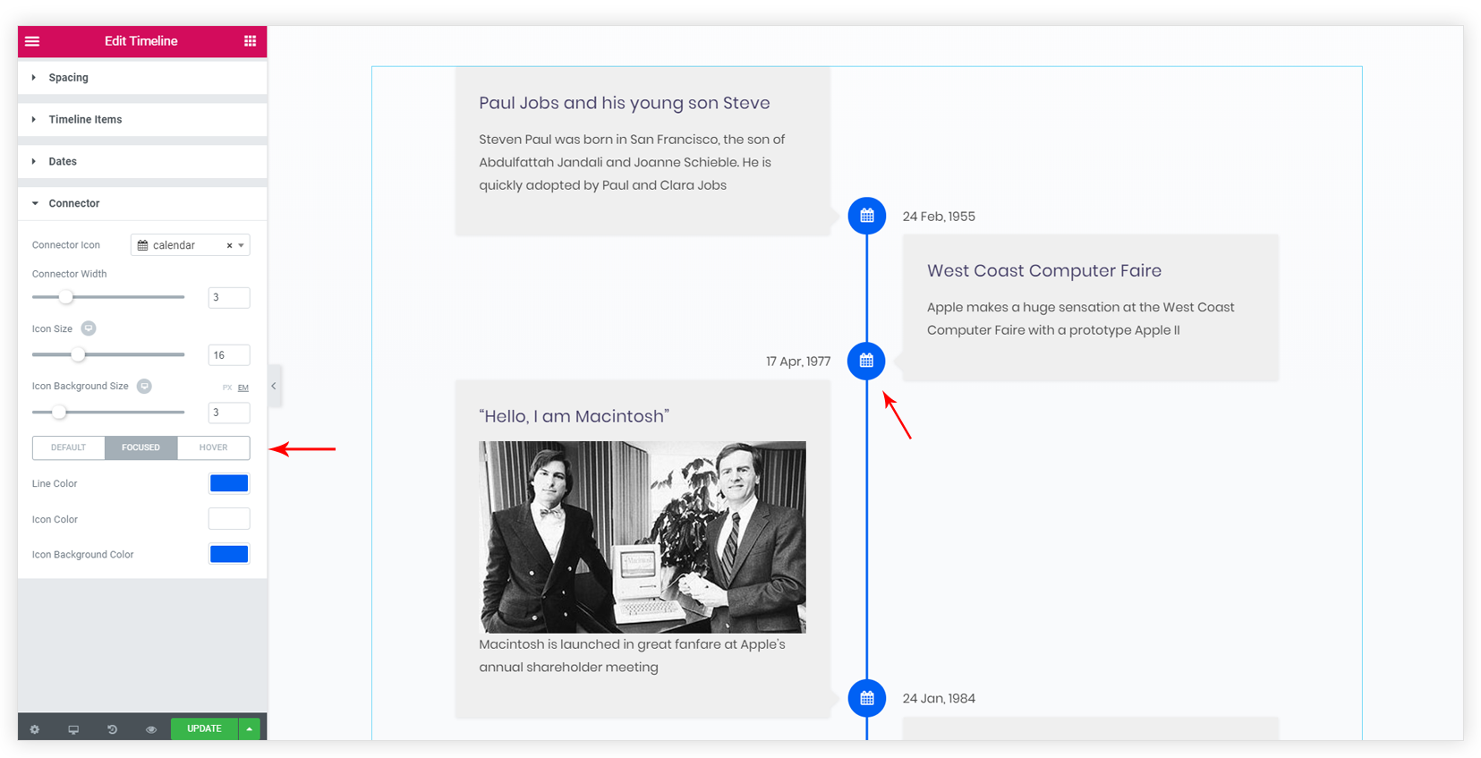 How to Set On-Scroll Color for Connector Line and Icon? Elementor content timeline widget settings