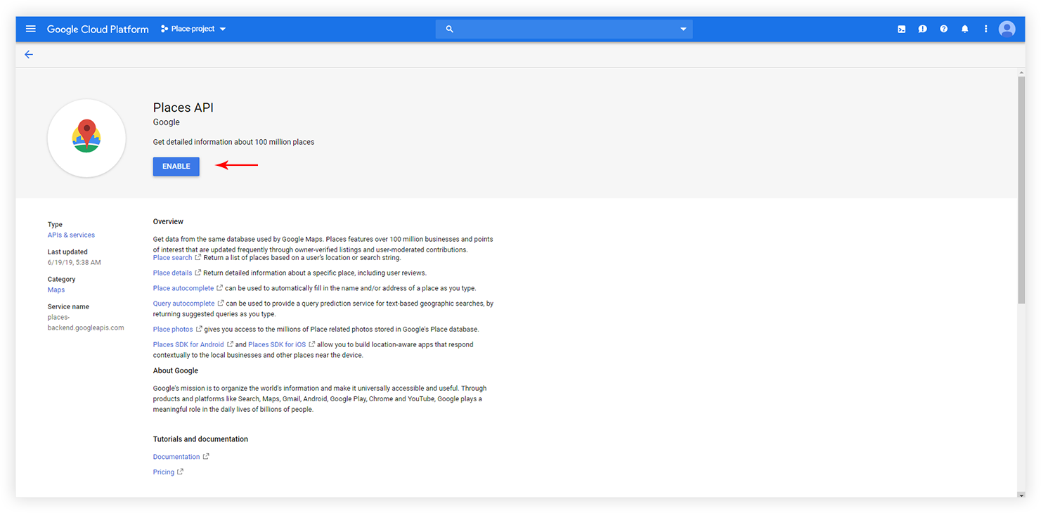 How to get Google Places API key? Enable google places API