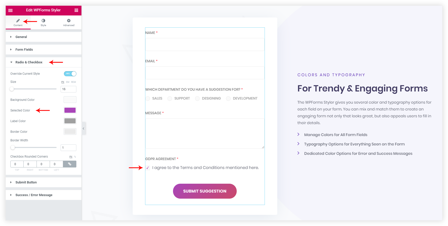 Styling Checkbox / Radio / Acceptance controls in WPForms Styler widget Elementor WPForms styler