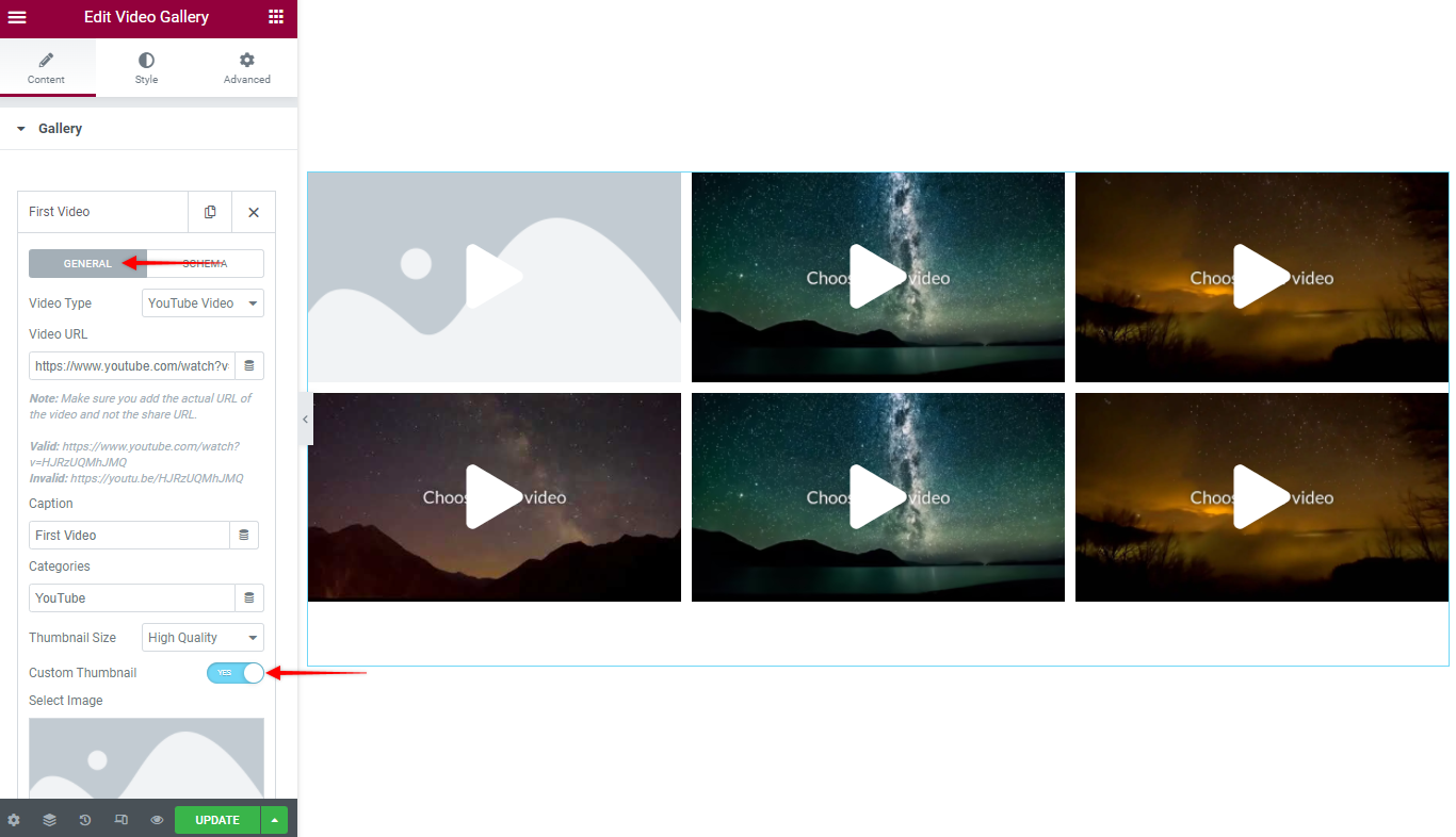 Video Gallery Widget Elementor Video Gallery Custom Thumbnail