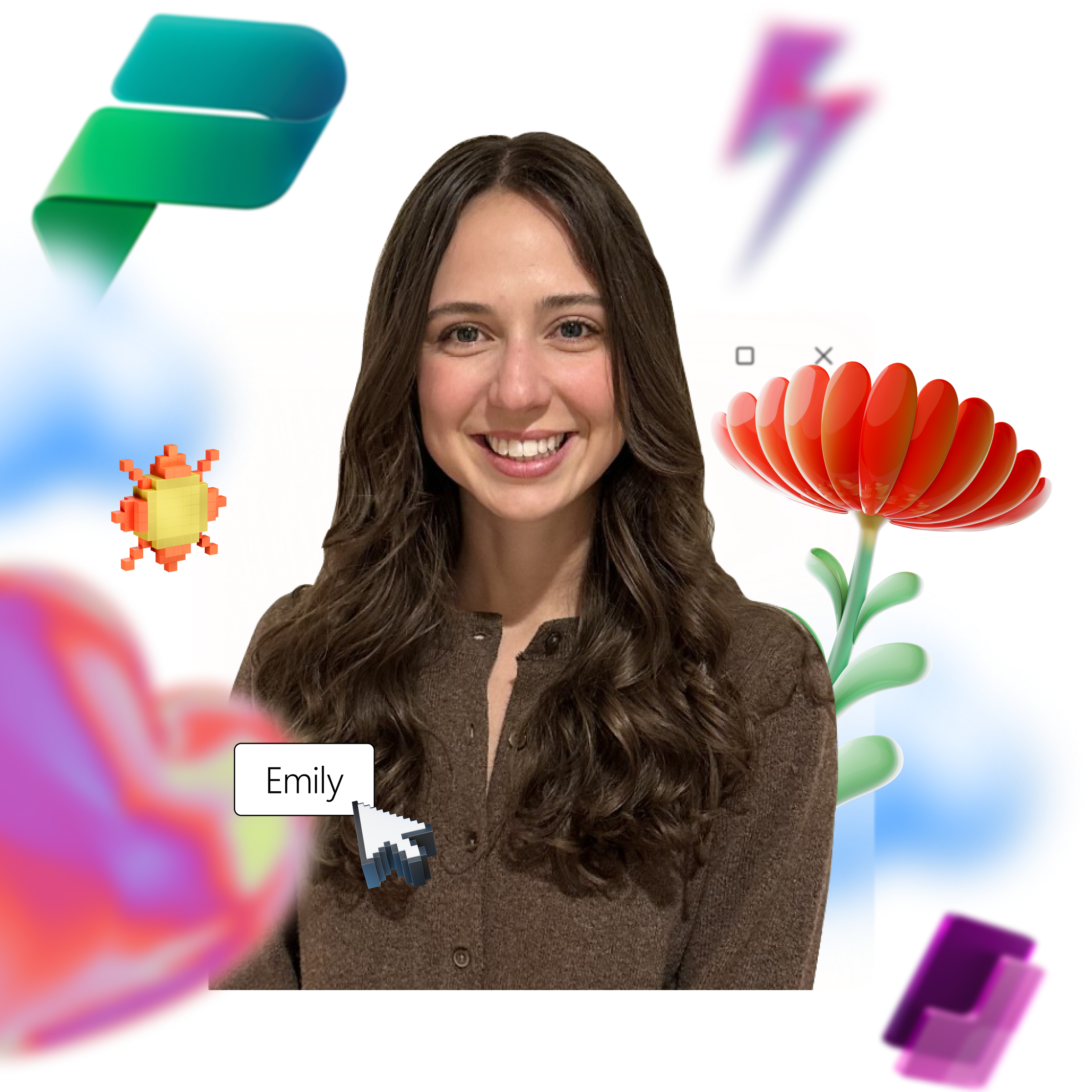 Young woman with long brown hair smiles, surrounded by colorful digital graphics, including clouds, a heart, a bug, and a flower. A label reads "Emily.