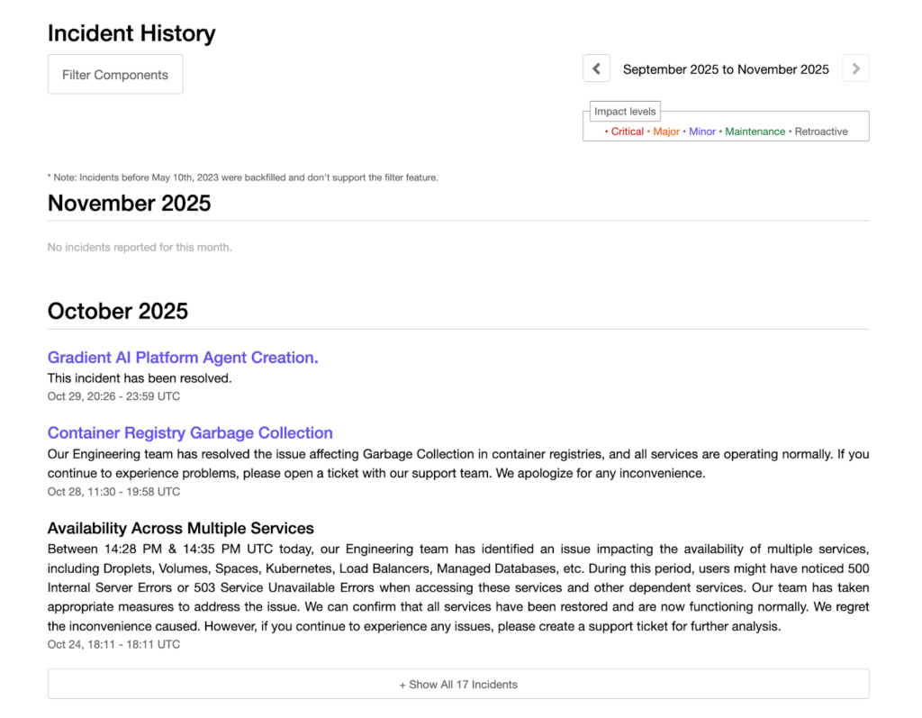 DigitalOcean incident history page