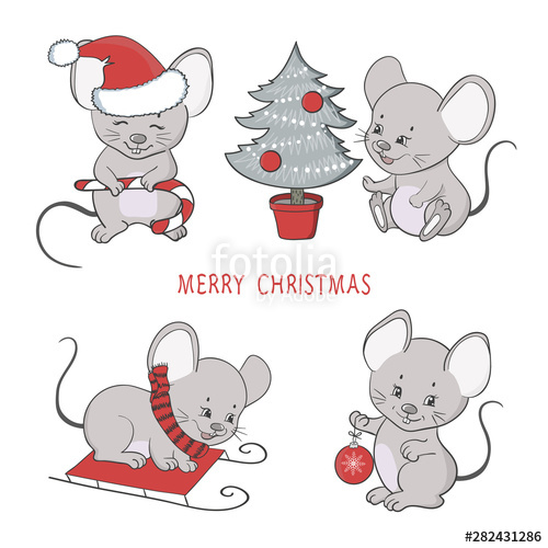 500x500 Christmas Set Of Cute Cartoon Mouse Vector Winter Illustration