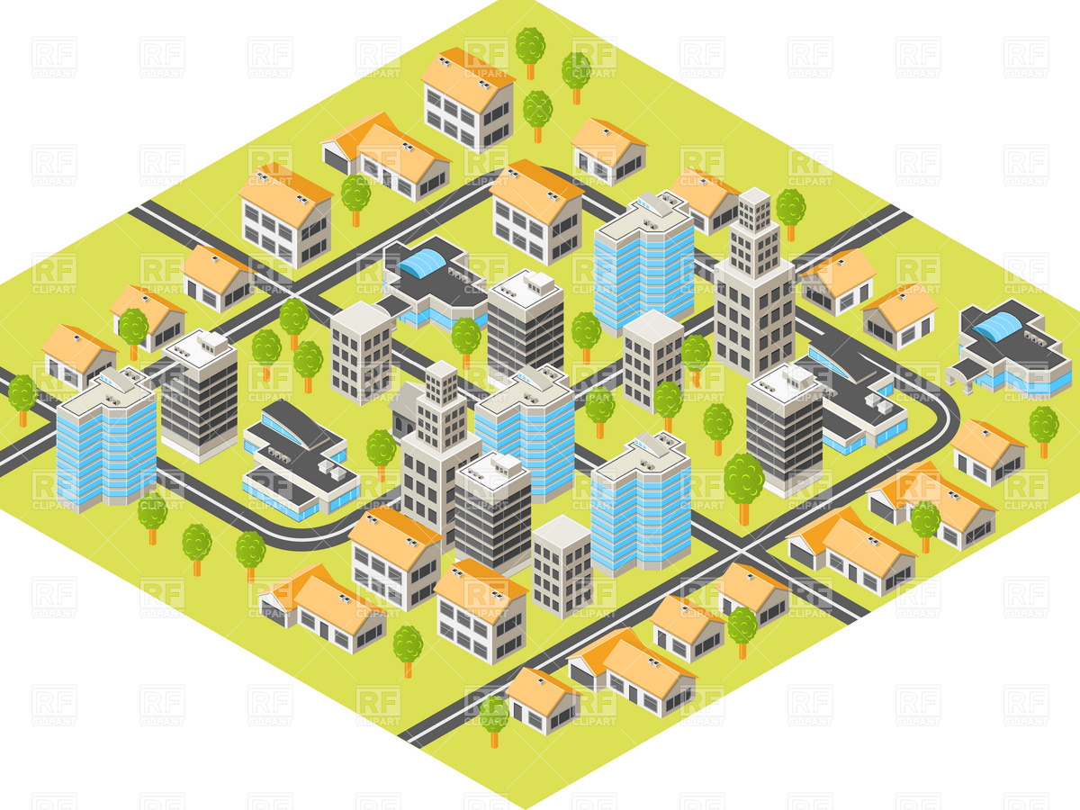 1200x900 Isometric City With Downtown And Suburbs, Buildings And Roads
