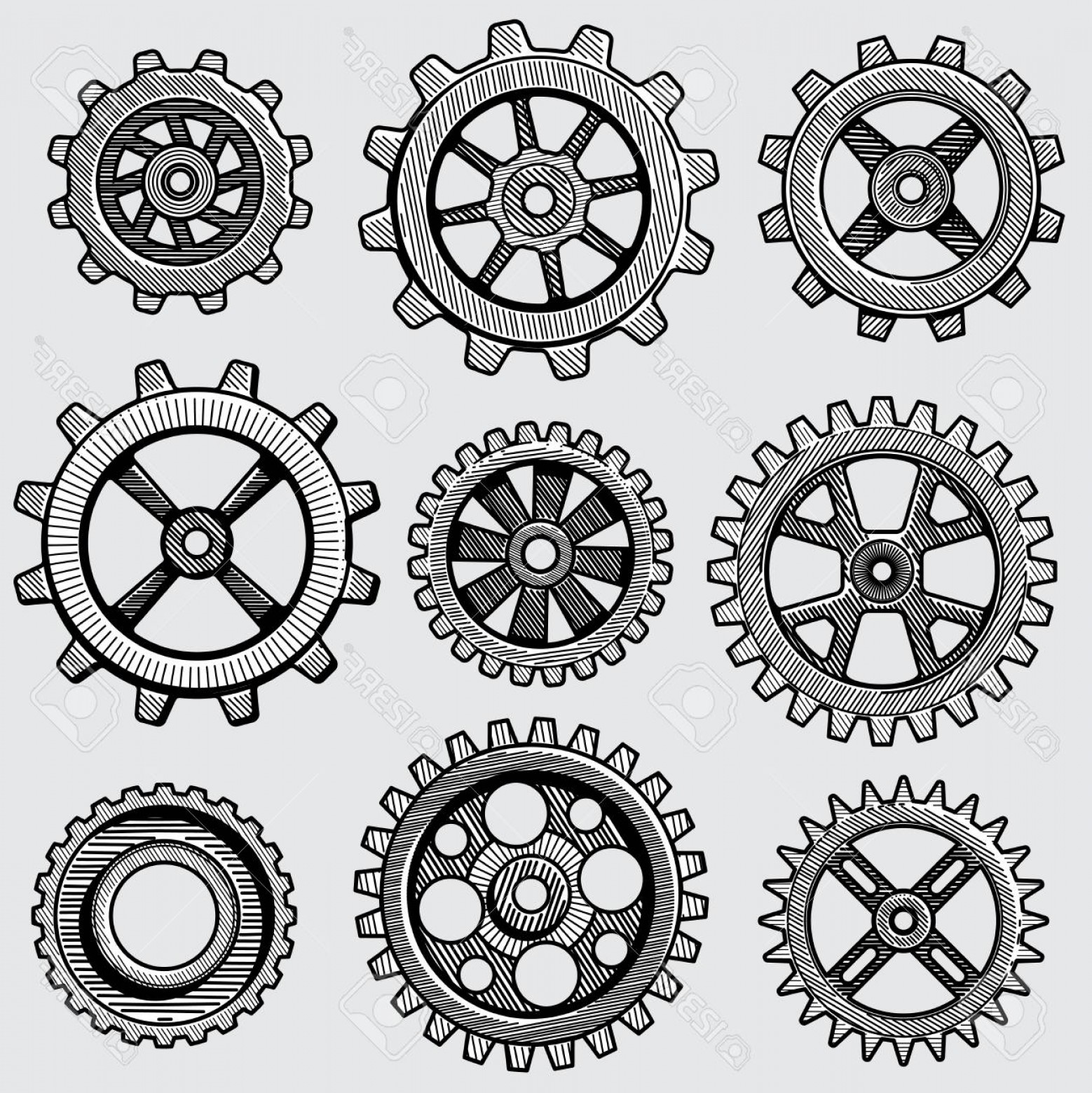 1558x1560 Photostock Vector Retro Sketch Mechanical Gears Hand Drawn Vintage