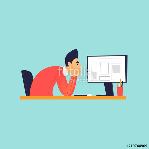 500x500 Sad Man Sitting Near Computer, Office Life Flat Design Vector