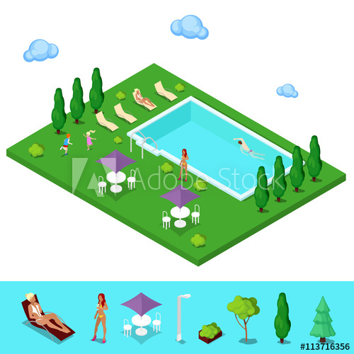 500x500 Isometric Swimming Pool Summer People Near The Outside Pool