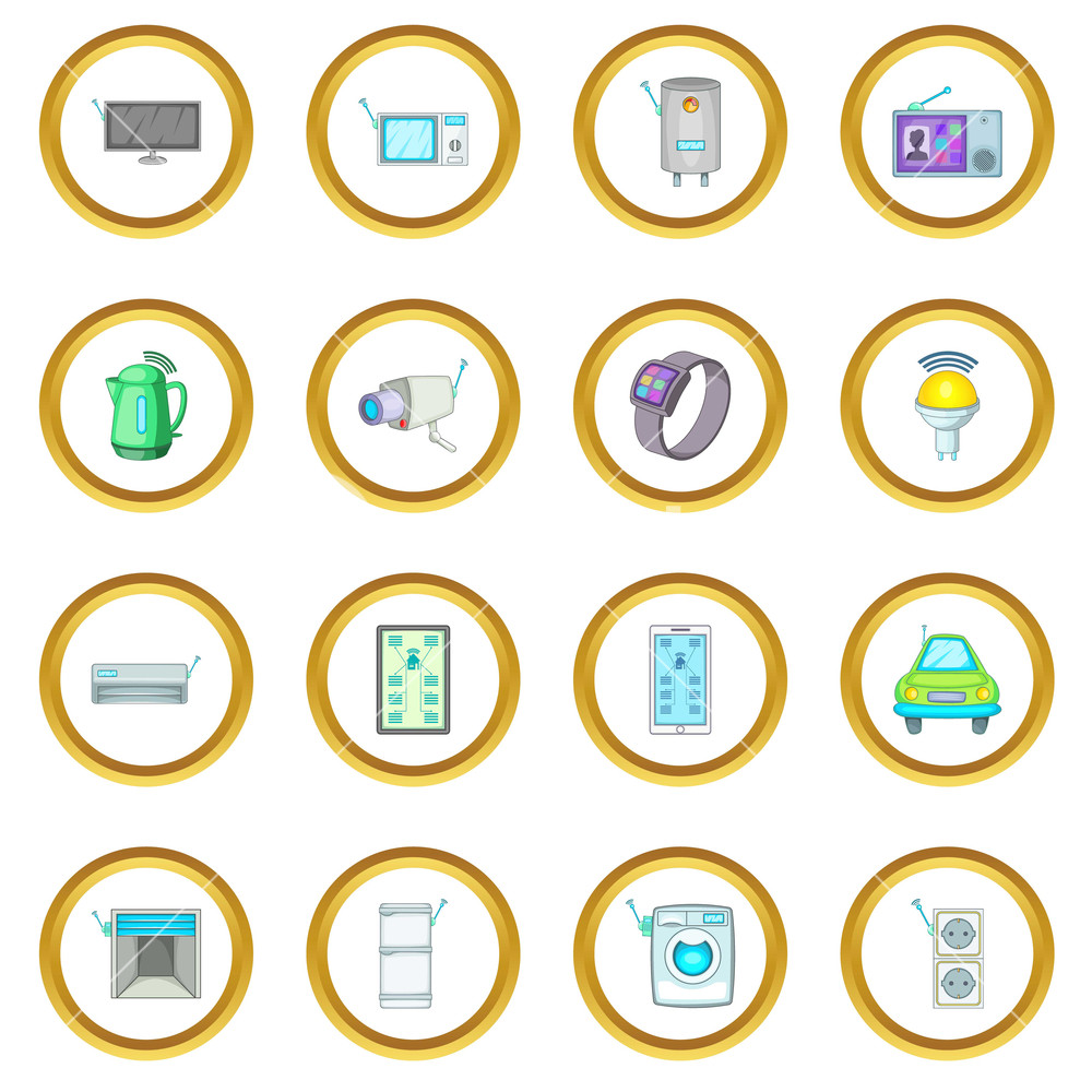 1000x1000 Smart Home System Icons Circle Gold In Cartoon Style Isolate