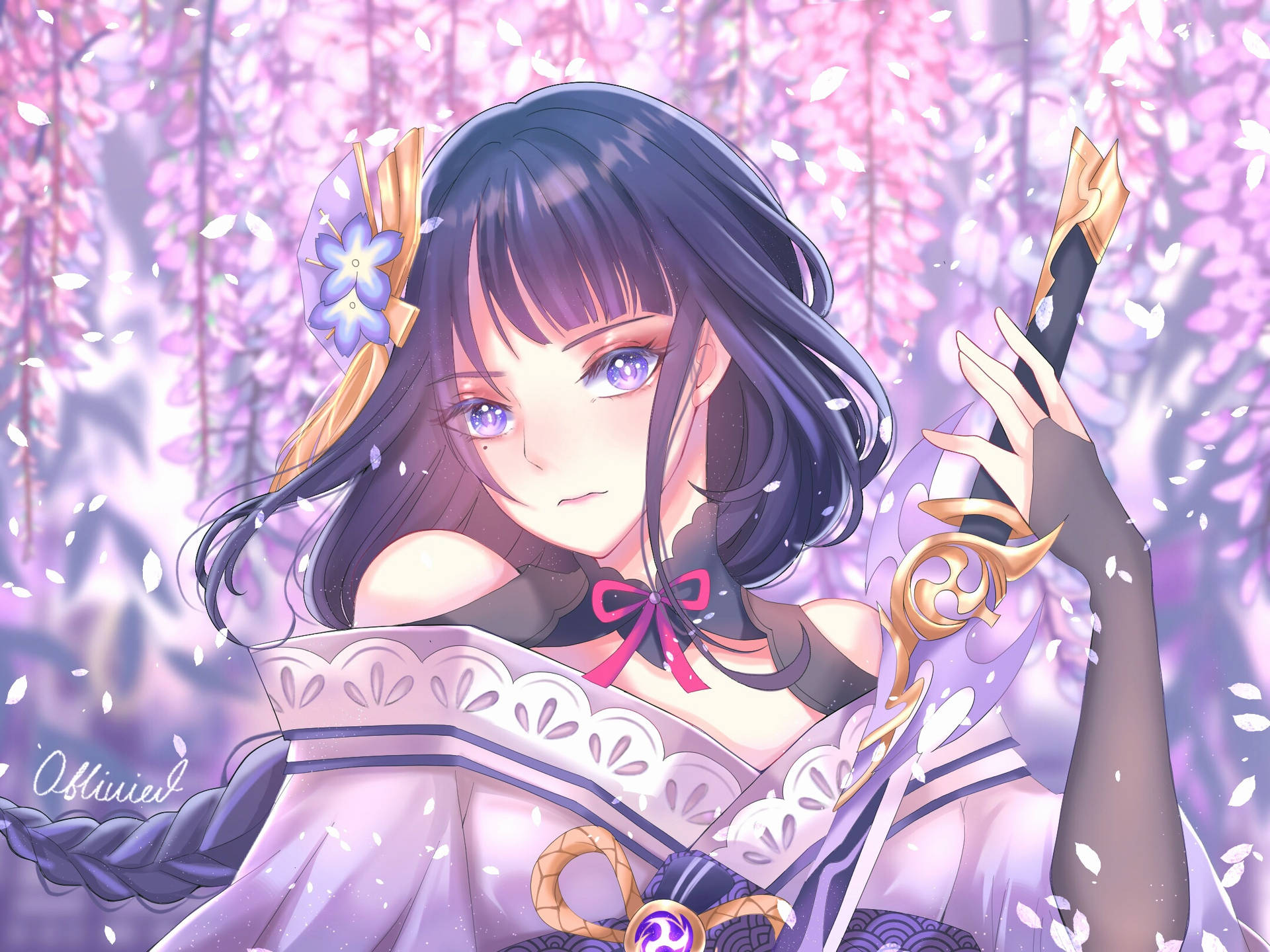 Genshin Impact Raiden Shogun Blomster Tapet Wallpaper