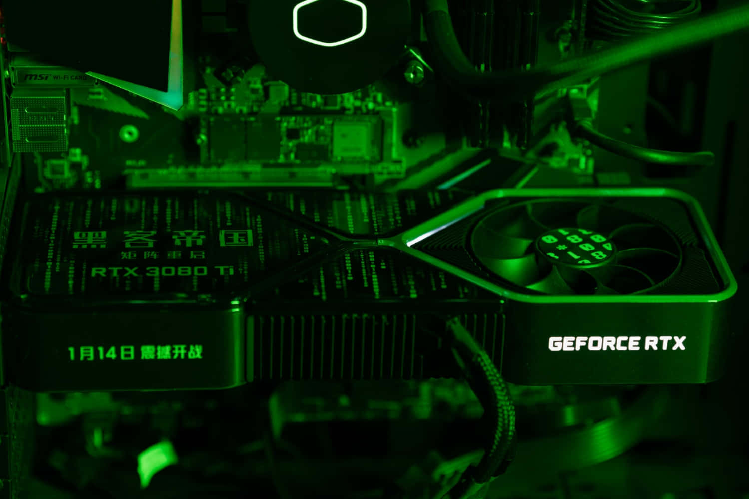 Tarjeta Gráfica R T X3090 Ti Iluminada En Verde Fondo de pantalla
