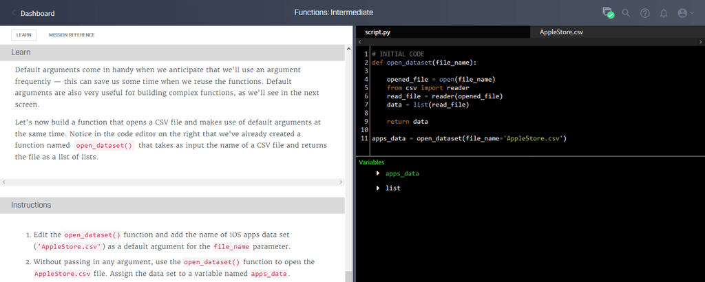 dataquest-coding-learning-platform Dataquest's data science learning platform — learn a new concept on the left side of the screen, then apply it using real code on the right!