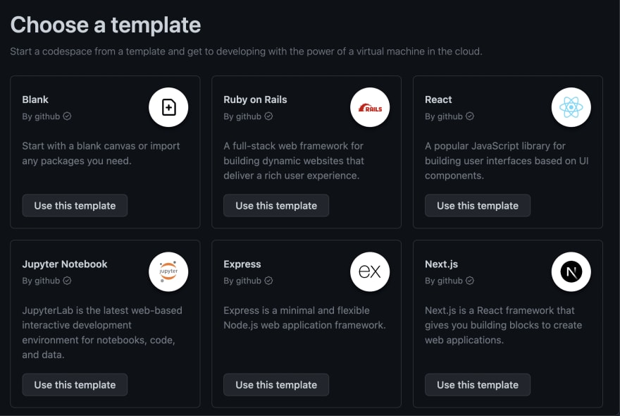 a tiled list of Codespaces templates including Jupyter notebook, React, and Next.js