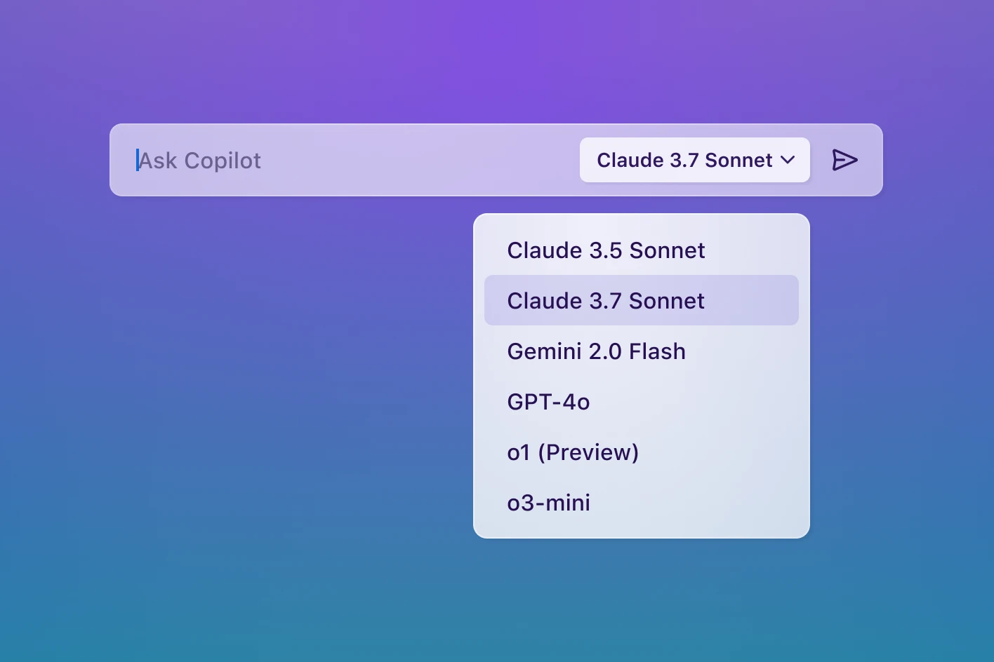 A dropdown menu lists some of GitHub Copilot’s available models like Claude 3.5 Sonnet, Claude 3.7 Sonnet, Gemini 2.0 Flash, GPT-4o, o1 (Preview) and 03-mini.