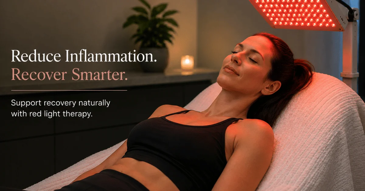 Woman relaxing during red light therapy session for inflammation relief and muscle recovery in a wellness spa