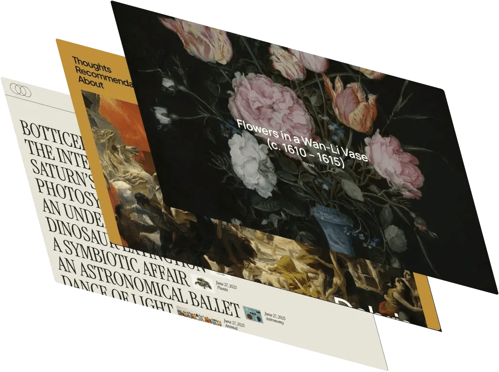 Overlapping website cards display artwork and article layouts.