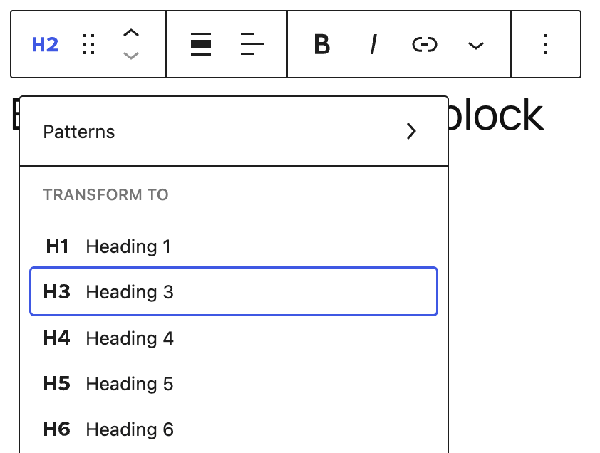 Changing heading levels with the block toolbar transform option