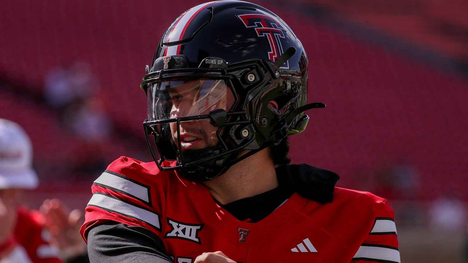 Texas Tech's Brendan Sorsby goes through warmups before the spring football game, Friday, April 17, 2026, at Jones AT&amp;T Stadium.