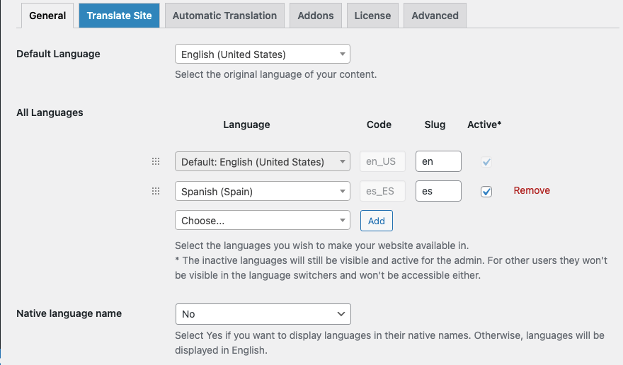 TranslatePress dashboard