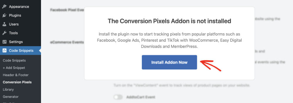Install conversion pixel addon