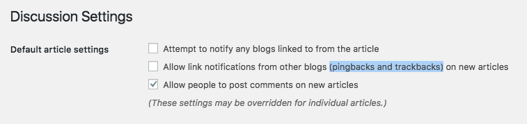 How To Speed Up WordPress Sites. Screenshot showing Discussion Settings within WordPress dashboard with the "Allow Link Notification from Other Blogs (pingbacks and trackbacks) on new articles" option de-selected