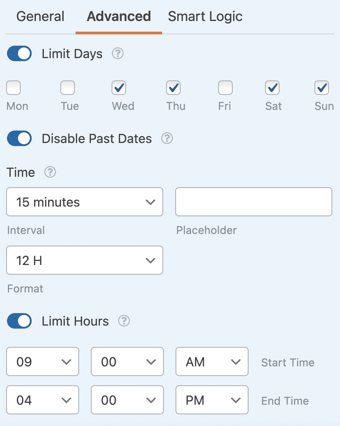 date-time-limit-options - WPForms The advanced field options for the Date / Time field to limit availability