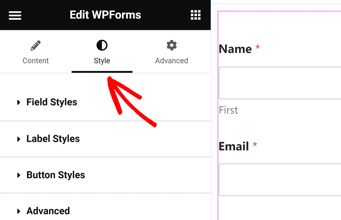 Elementor_StyleThemes - WPForms Opening the Style options for the WPForms widget in Elementor