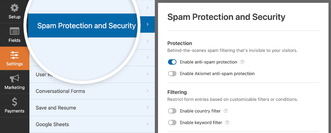 Spam Protection and Security Settings - WPForms Opening the form spam and security settings
