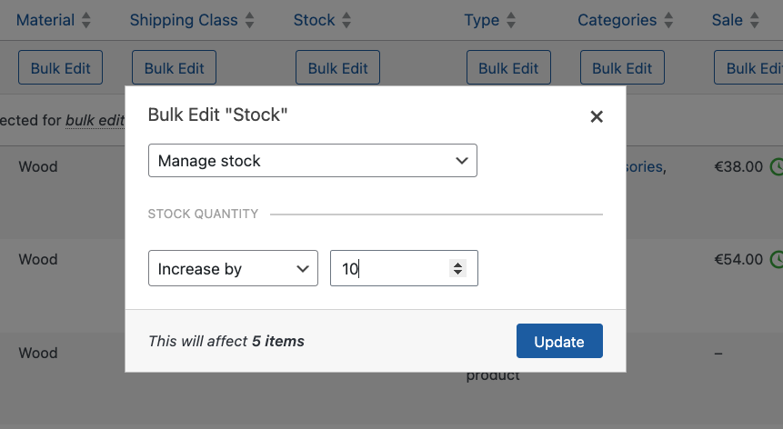 Bulk increasing product stock by 10