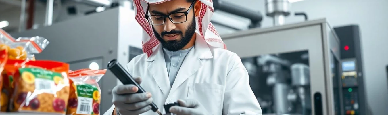 A man wearing traditional Middle Eastern attire and a white lab coat works in a laboratory. He is holding a syringe and examining it closely. Behind him are various lab equipment and packets of dried fruit.