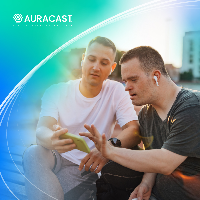 Two individuals use a smartphone and Bluetooth earbuds to communicate while sitting on a bench outdoors. The Auracast wordmark is visible in the upper left.