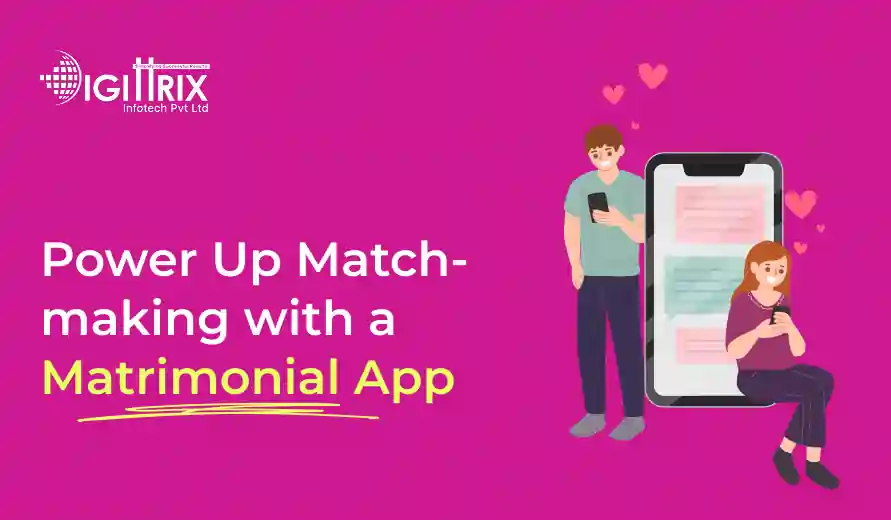 image shows two people using a smartphone to chat, surrounded by heart symbols, with a colorful background promoting a matrimonial app