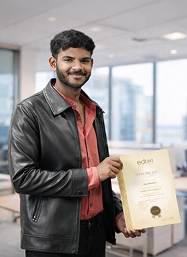 Allan Winifred holding cybersecurity certification during his journey at Edoxi.